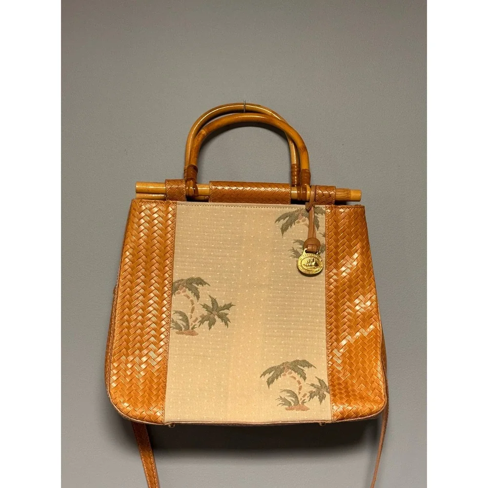 Brahmin Vintage Palm Tree Bamboo Handle Woven Leather Satchel Shoulder Bag Brown